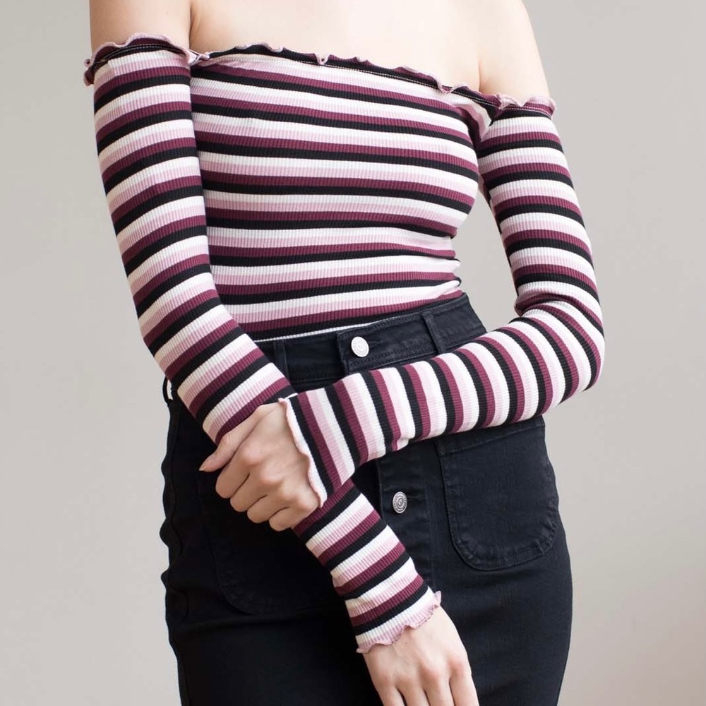 Fashion Nova Striped Off Shoulder Ribbed Lettuce Hem Long Sleeve Tee
